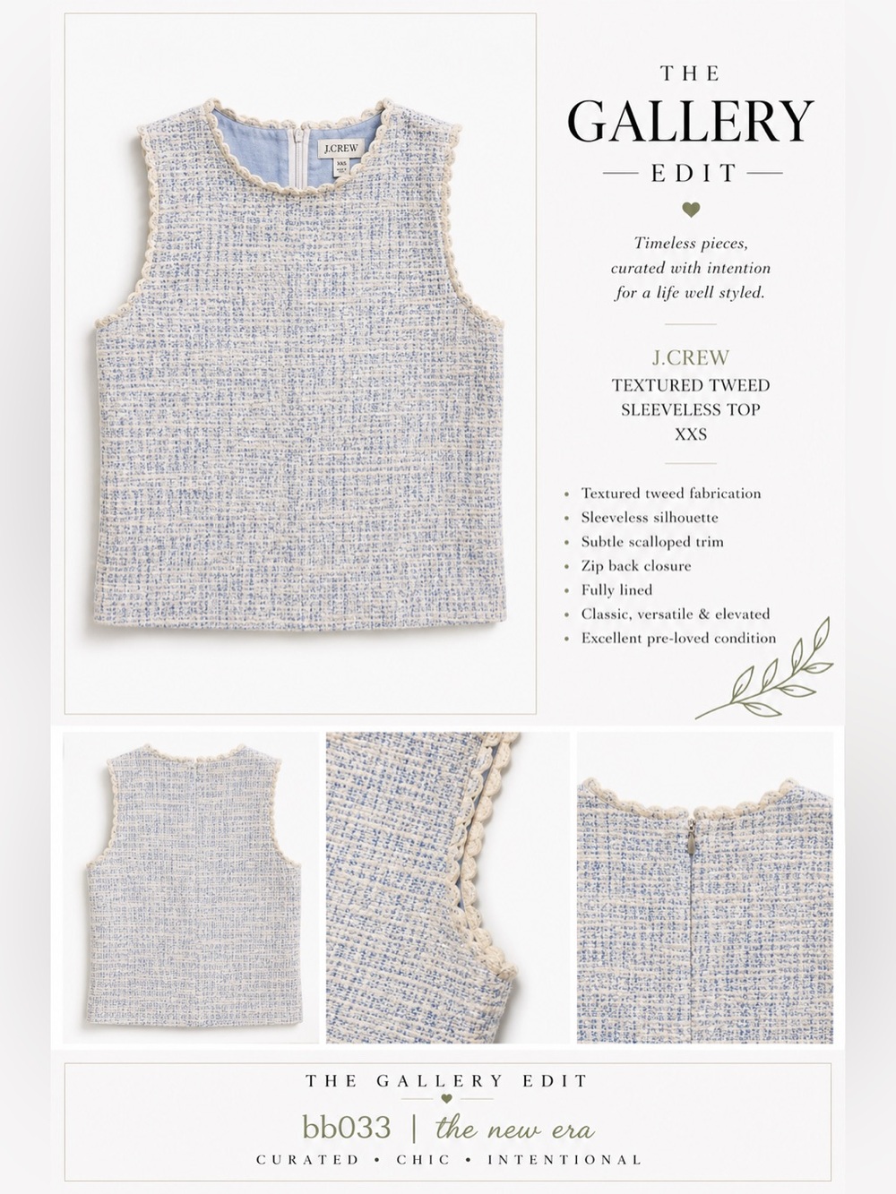 J.Crew Bouclé Tweed Sleeveless Top XXS | Blue & Cream Textured Shell - Picture 2 of 12
